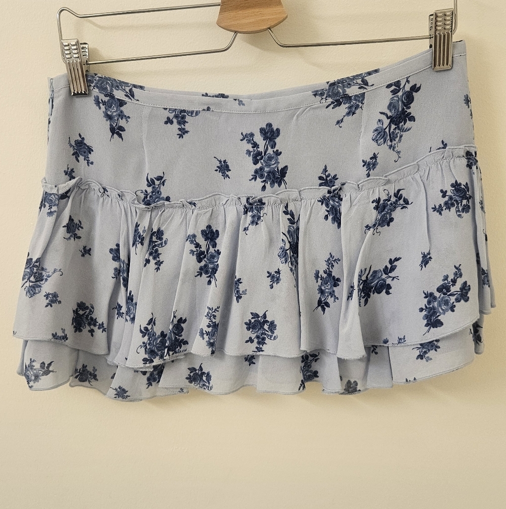 Reformation Adina Low Waist Light Blue Floral Ruffle Mini Skirt